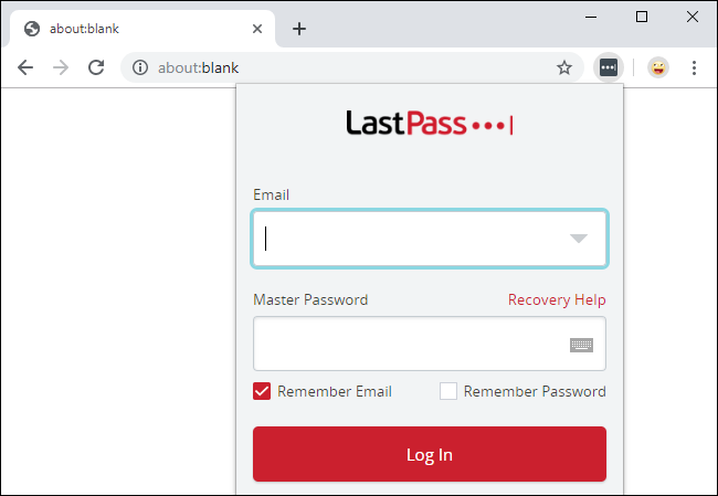 Signing into the LastPass browser extension in Chrome.