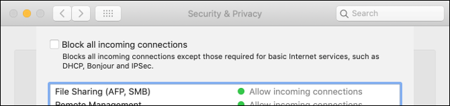 The "Block All Incoming Connections" checkbox in the "Security & Privacy" pane. 