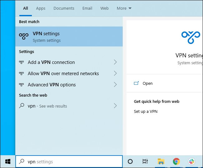 Searching Windows 10's Start menu for VPN settings